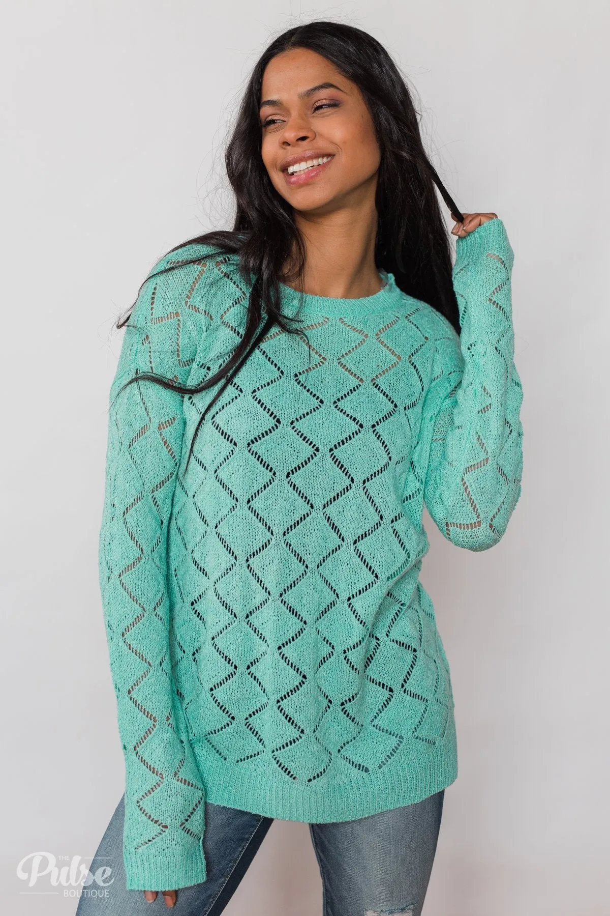Long Sleeve Pointelle Knitted Sweater- MInt