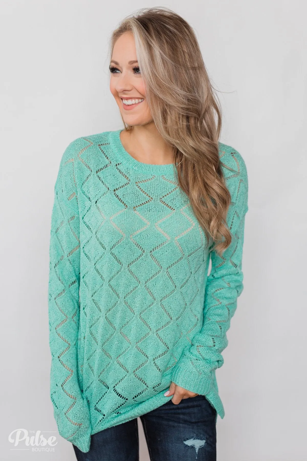 Long Sleeve Pointelle Knitted Sweater- MInt