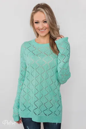 Long Sleeve Pointelle Knitted Sweater- MInt