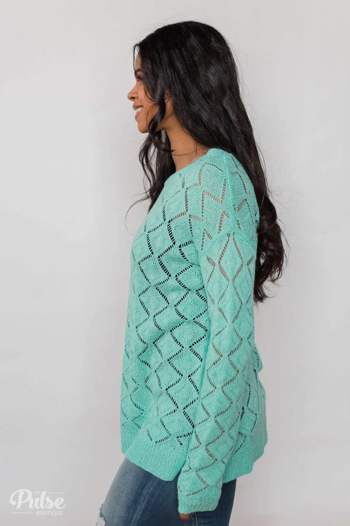 Long Sleeve Pointelle Knitted Sweater- MInt