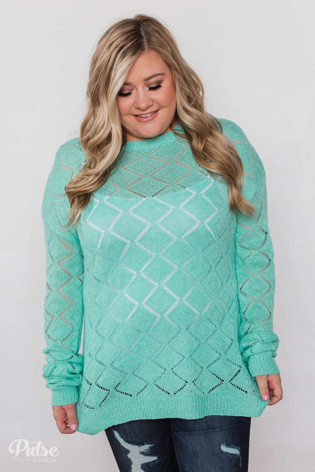 Long Sleeve Pointelle Knitted Sweater- MInt