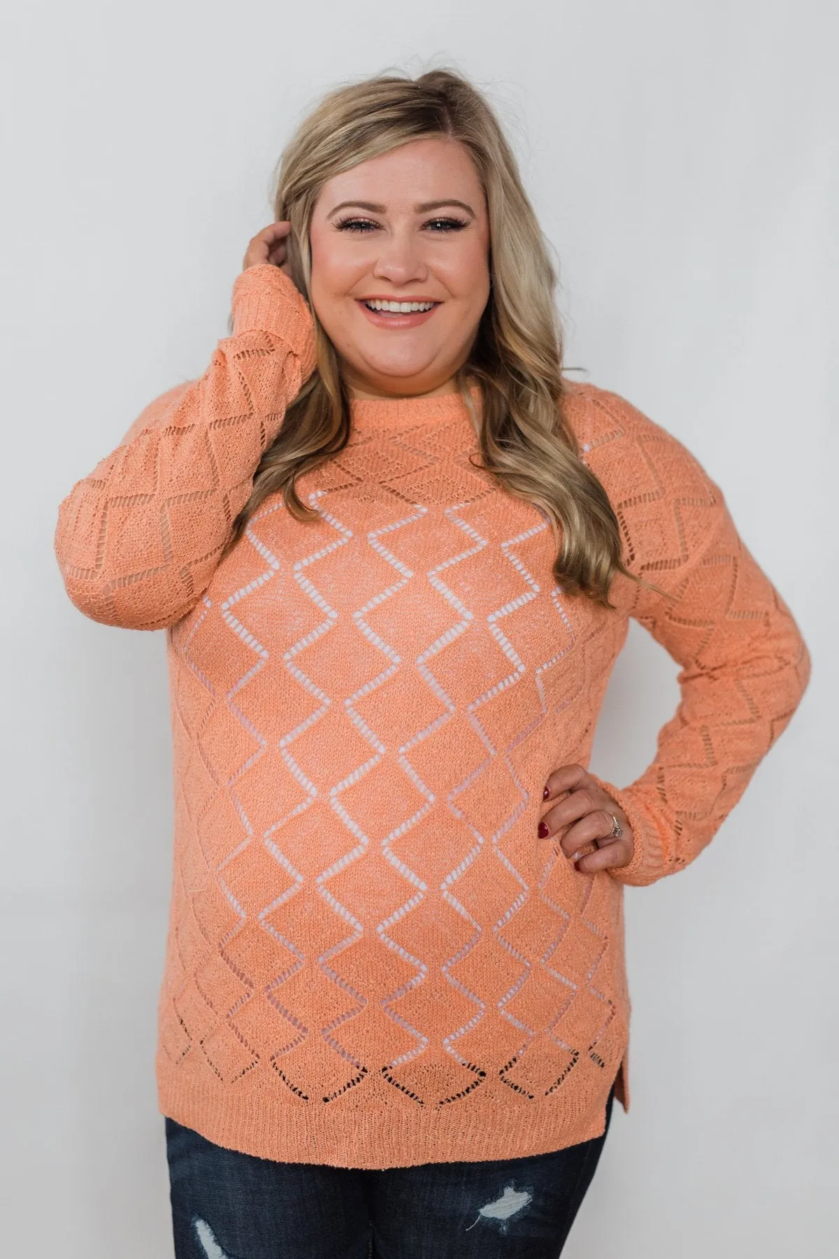 Long Sleeve Pointelle Knitted Sweater- Peachy Orange