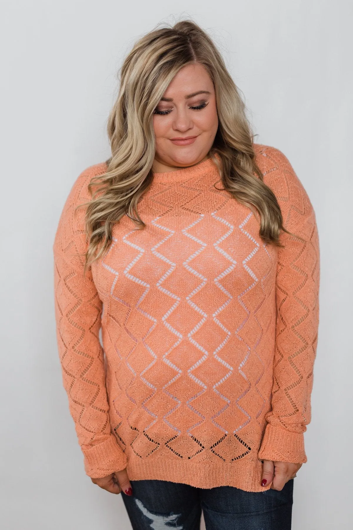Long Sleeve Pointelle Knitted Sweater- Peachy Orange