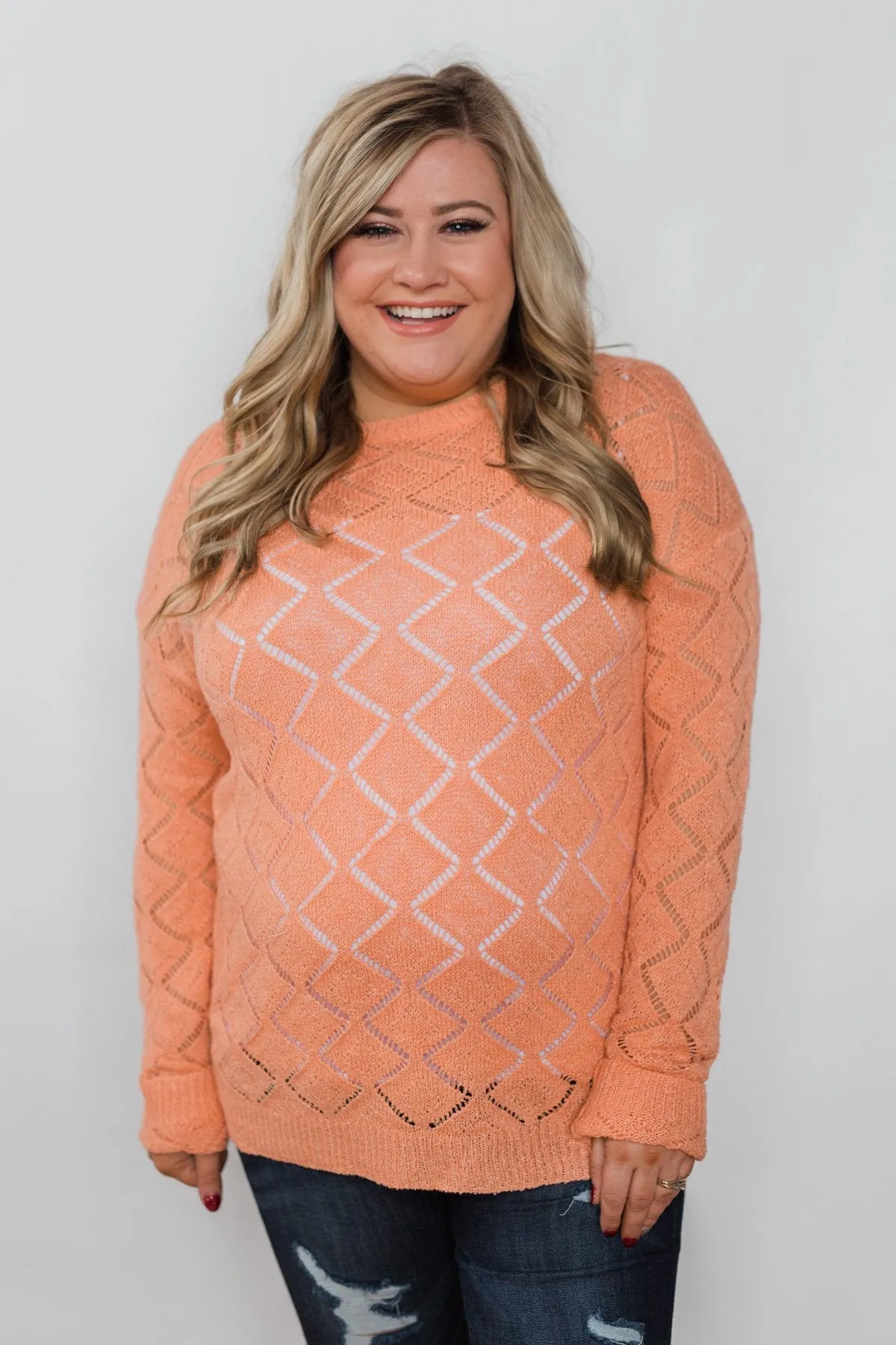 Long Sleeve Pointelle Knitted Sweater- Peachy Orange