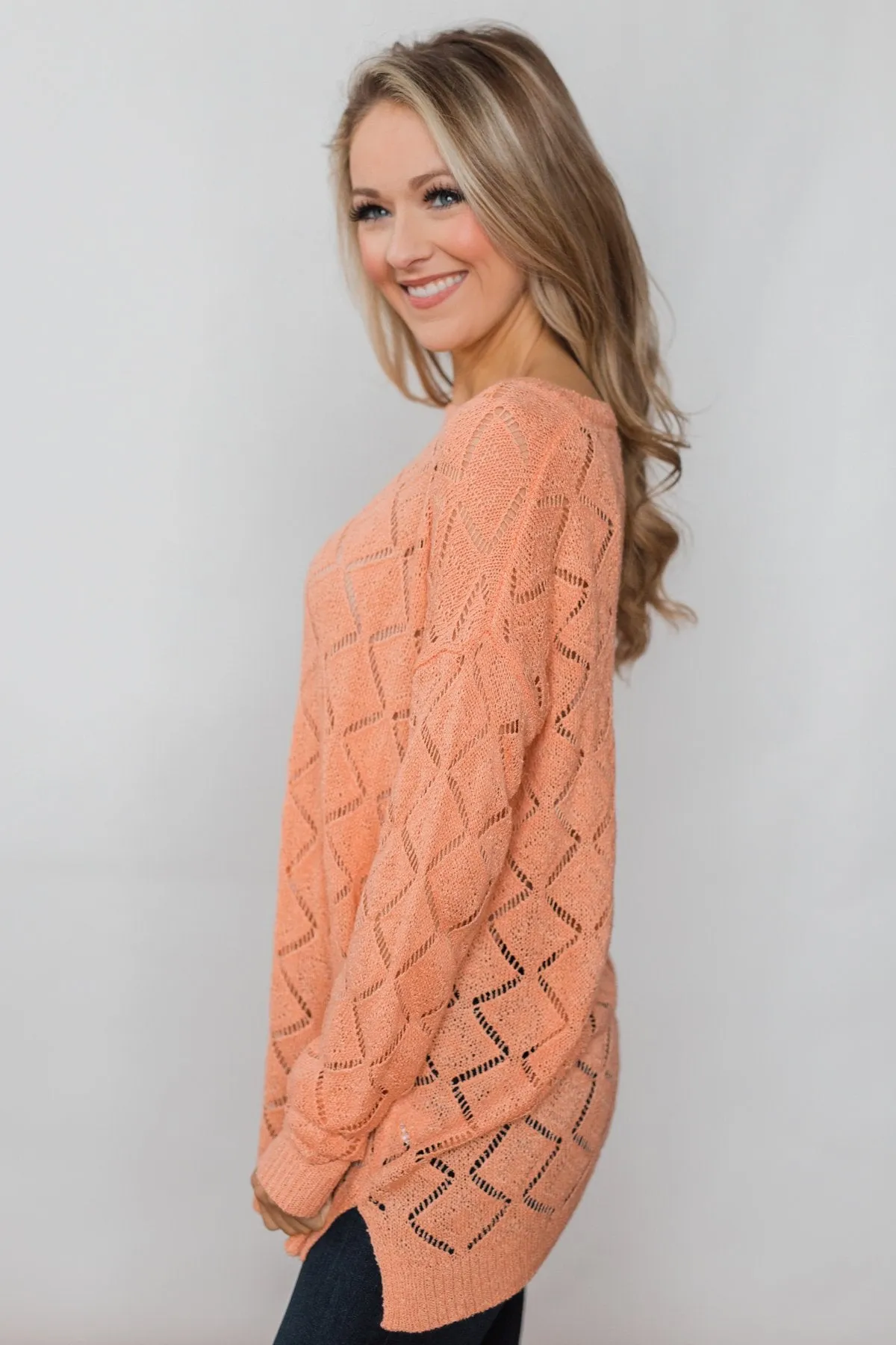 Long Sleeve Pointelle Knitted Sweater- Peachy Orange