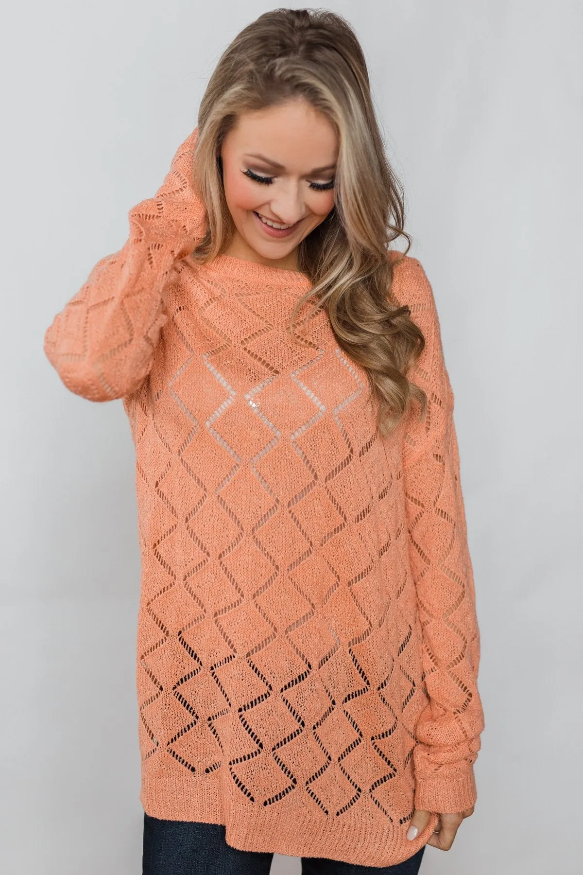 Long Sleeve Pointelle Knitted Sweater- Peachy Orange