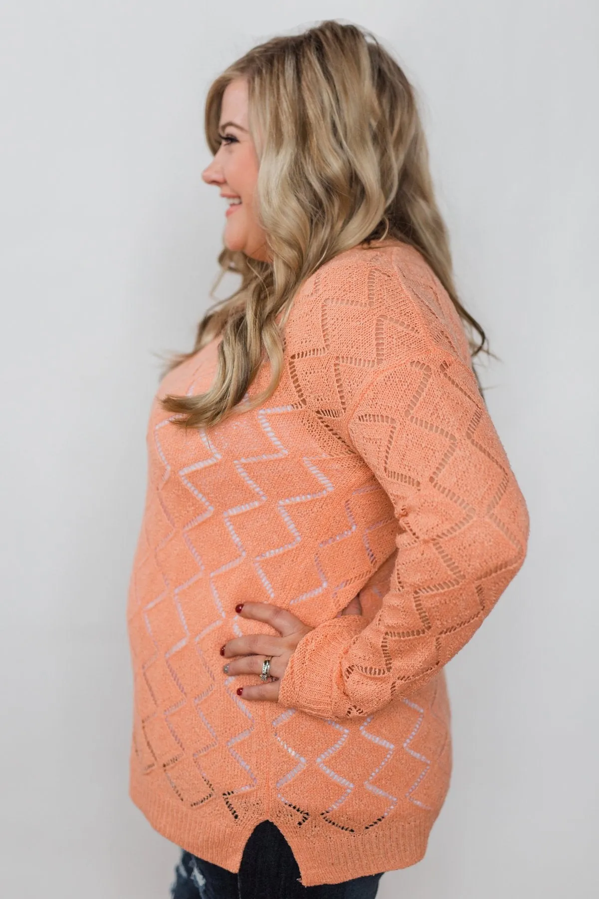 Long Sleeve Pointelle Knitted Sweater- Peachy Orange
