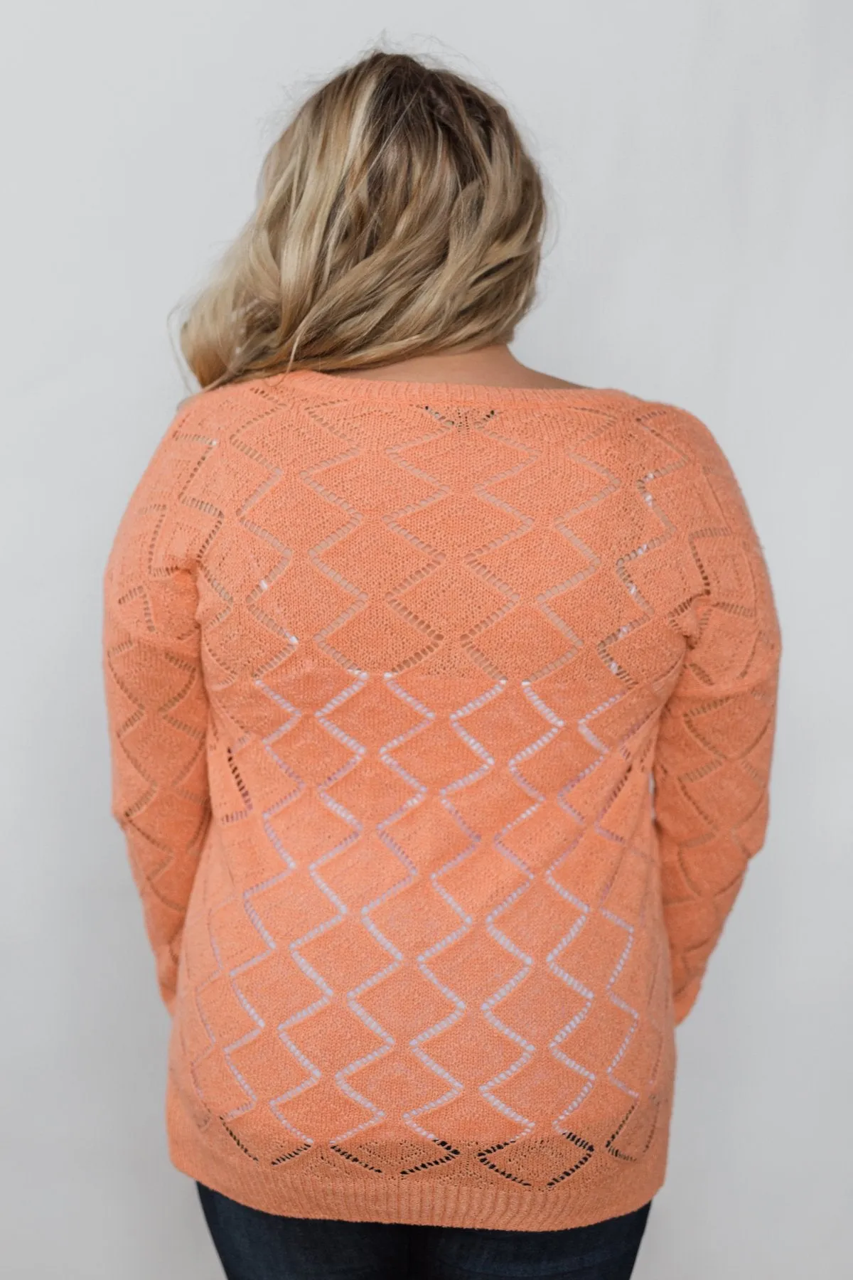 Long Sleeve Pointelle Knitted Sweater- Peachy Orange