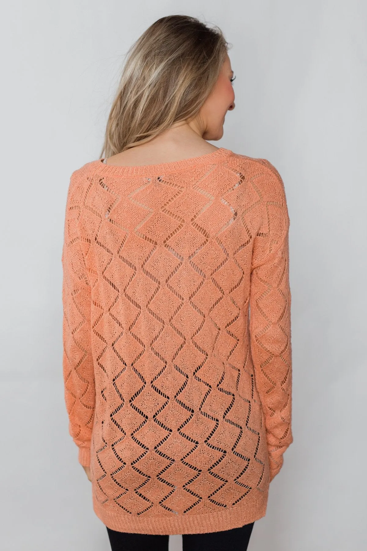 Long Sleeve Pointelle Knitted Sweater- Peachy Orange