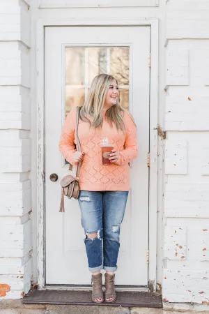 Long Sleeve Pointelle Knitted Sweater- Peachy Orange
