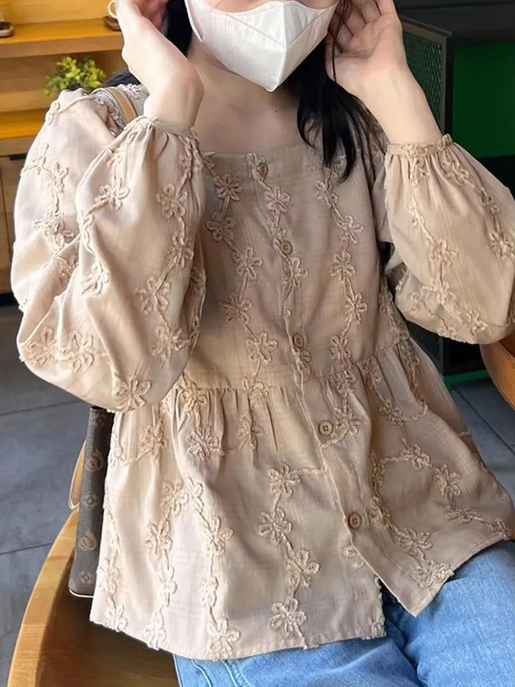 Long Sleeve Square Collar Retro Embroidered Blouse Shirt