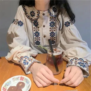 Long Sleeve Vintage Art Embroidered Blouse Shirts