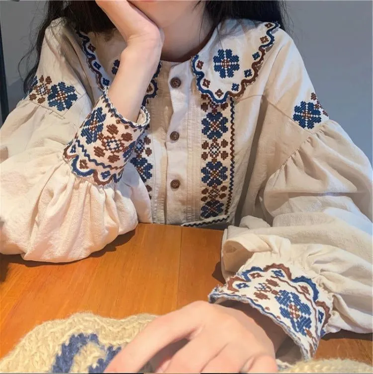 Long Sleeve Vintage Art Embroidered Blouse Shirts