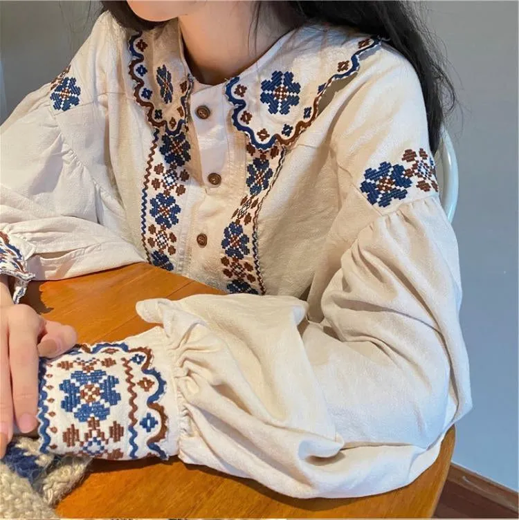 Long Sleeve Vintage Art Embroidered Blouse Shirts