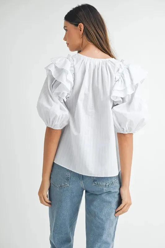 MABLE Stripe Ruffle Shoulder Puff Sleeve Blouse