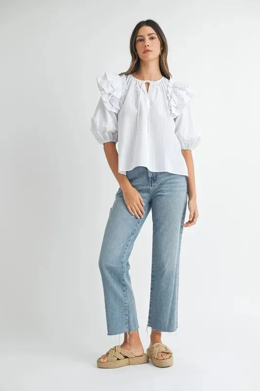 MABLE Stripe Ruffle Shoulder Puff Sleeve Blouse