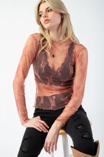 Mauve All Over Floral Sheer Lace Top