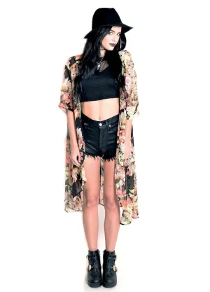 Maxi Length Black Floral Kimono