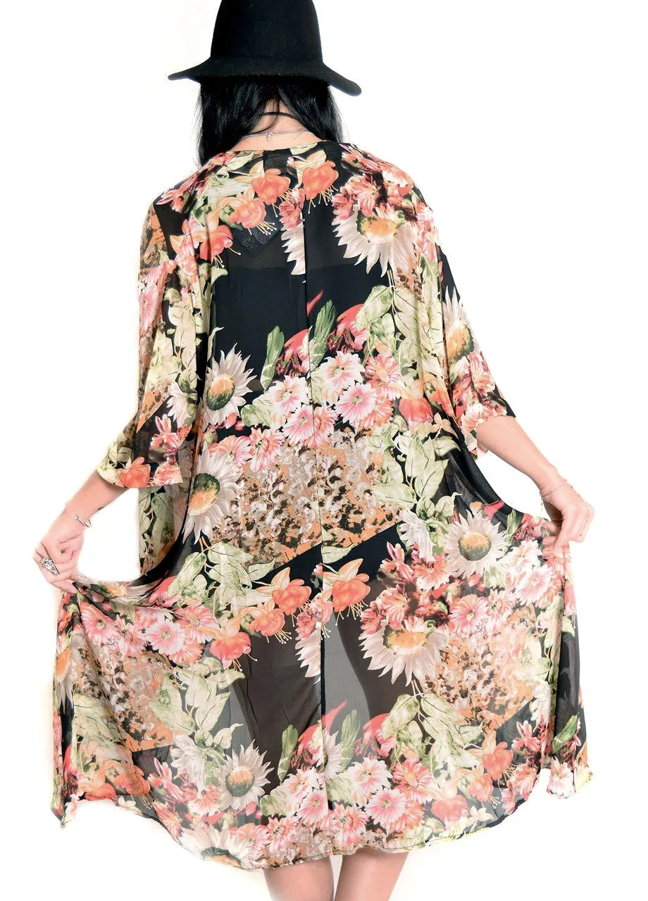 Maxi Length Black Floral Kimono