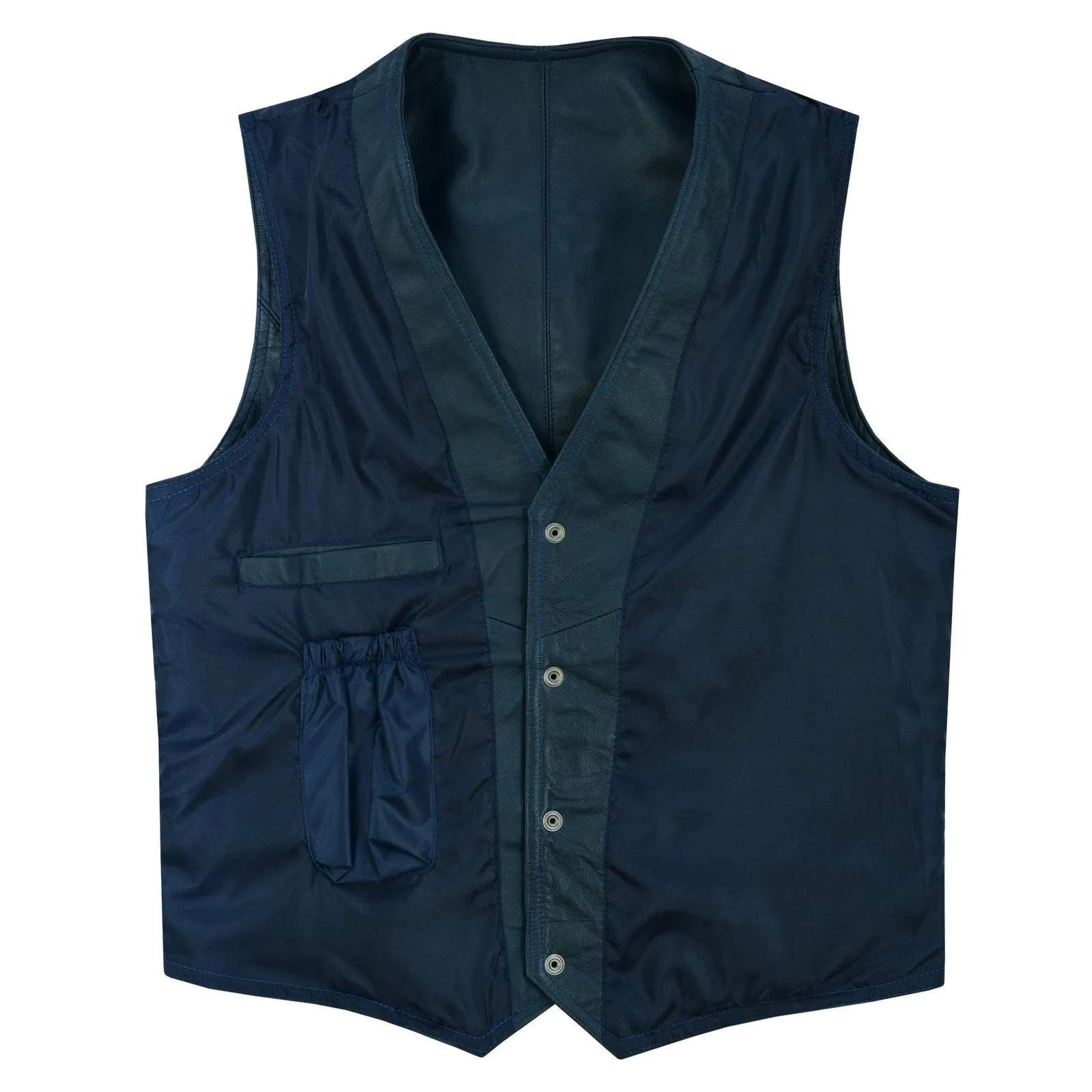 Mens Navy Blue Leather Waistcoat Vest with Snap Button