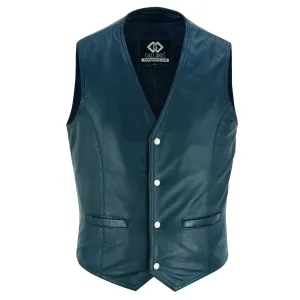 Mens Navy Blue Leather Waistcoat Vest with Snap Button