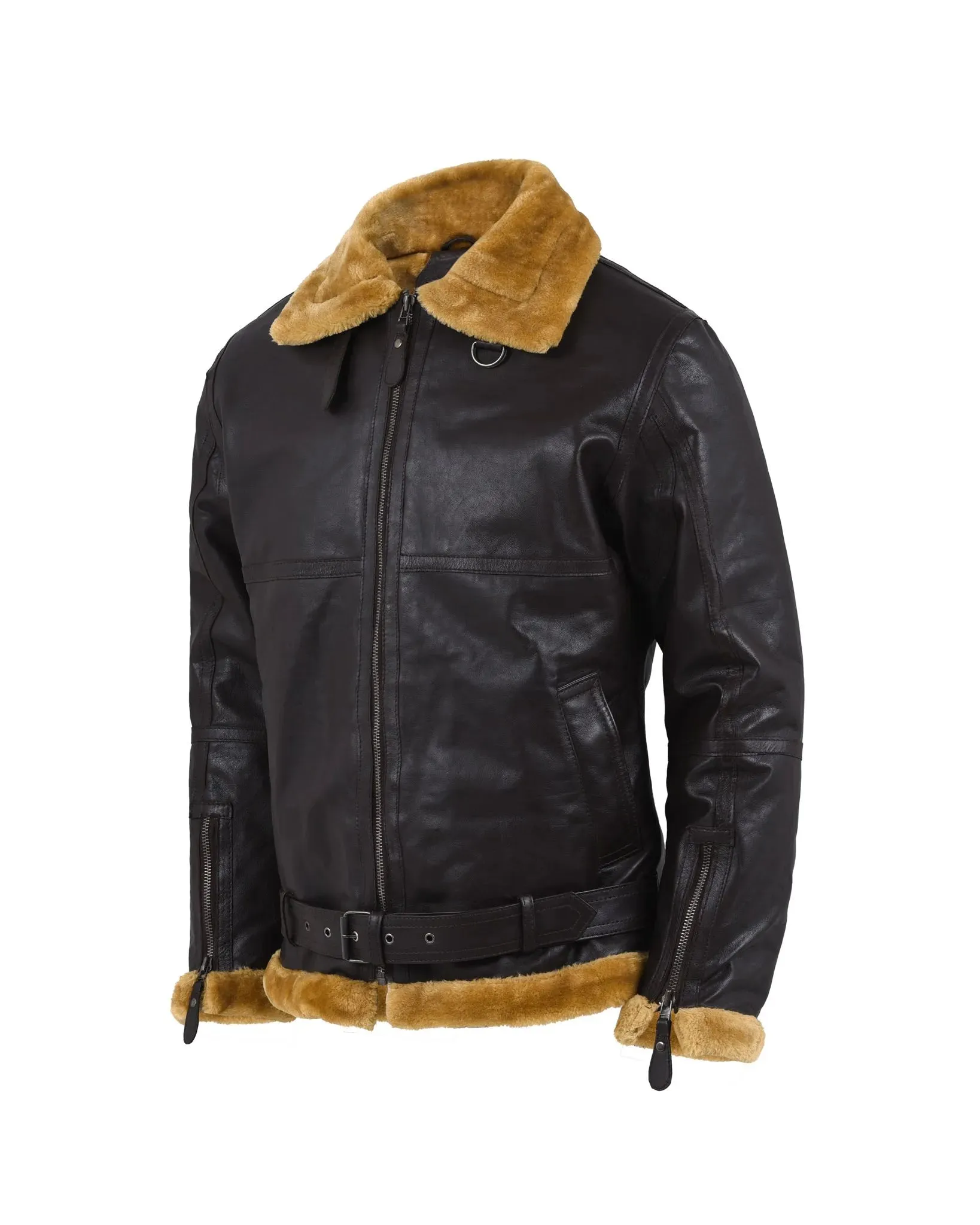 Men's Shearling Sheepskin Leather Jacket with Detachable Fur Collar