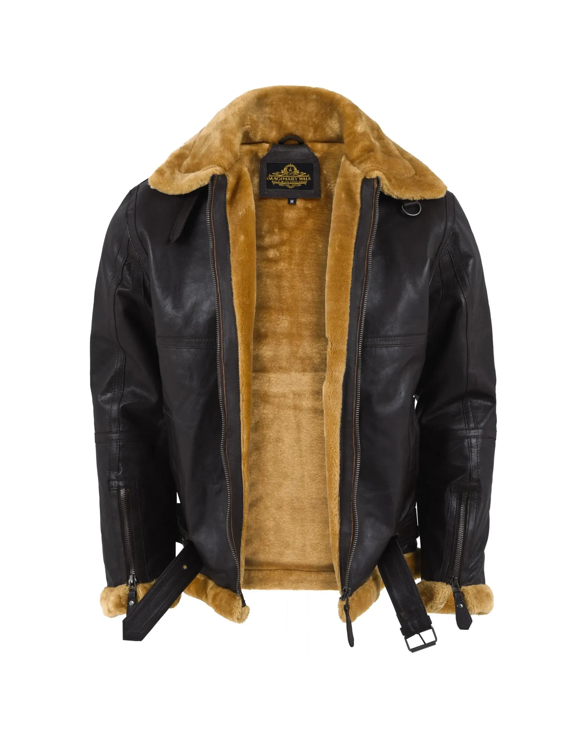 Men's Shearling Sheepskin Leather Jacket with Detachable Fur Collar