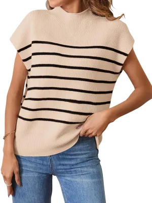 MEROKEETY Women's 2024 Sleeveless Mock Neck Striped Sweater Vest Cap Sleeve Ribbed Knit Pullover Tank Tops, Apricot