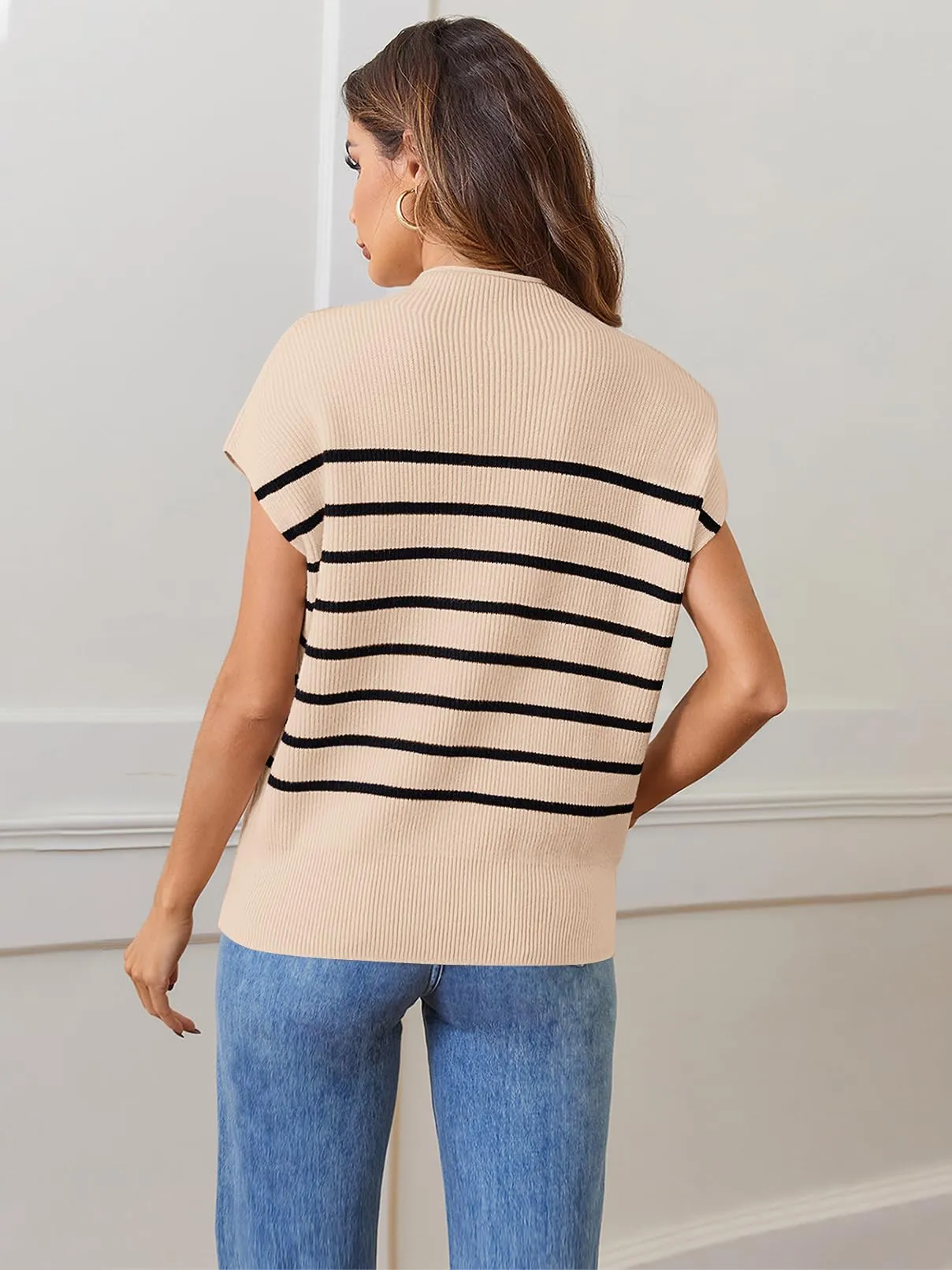 MEROKEETY Women's 2024 Sleeveless Mock Neck Striped Sweater Vest Cap Sleeve Ribbed Knit Pullover Tank Tops, Apricot