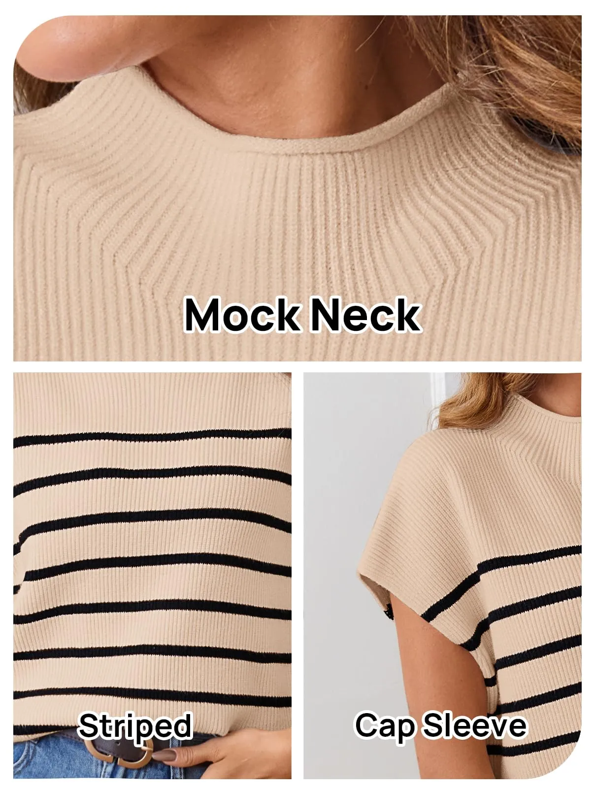MEROKEETY Women's 2024 Sleeveless Mock Neck Striped Sweater Vest Cap Sleeve Ribbed Knit Pullover Tank Tops, Apricot