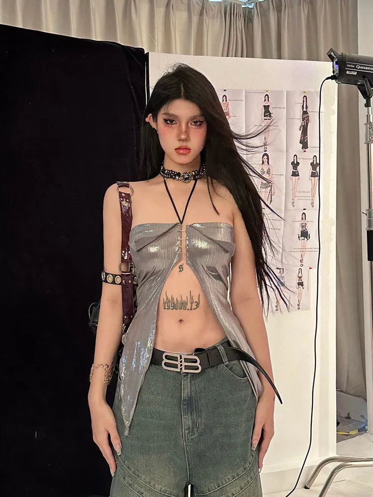 Metallic Flyaway Halter Top