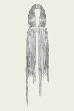 Metallic Fringe Halter Top in Silver