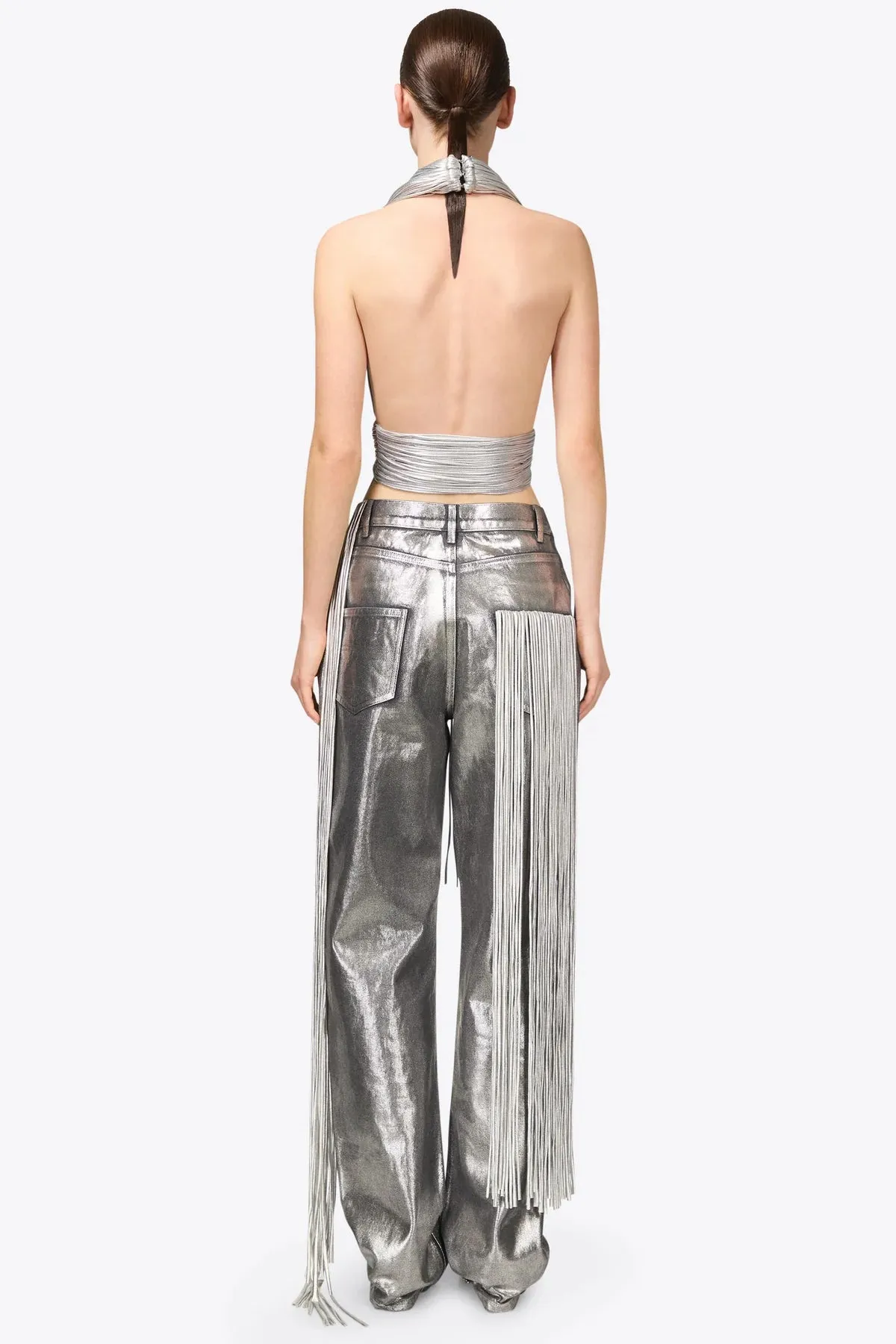 Metallic Fringe Halter Top in Silver