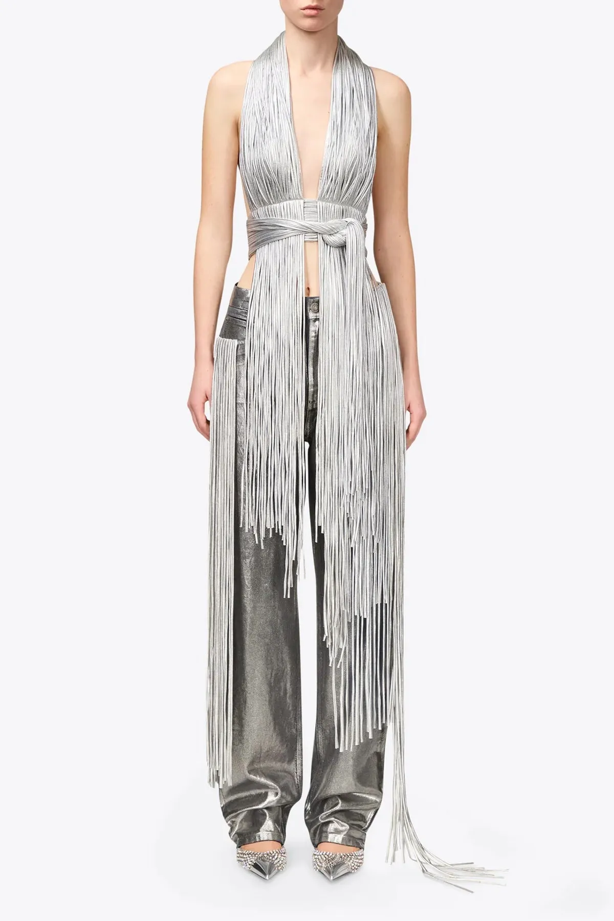 Metallic Fringe Halter Top in Silver