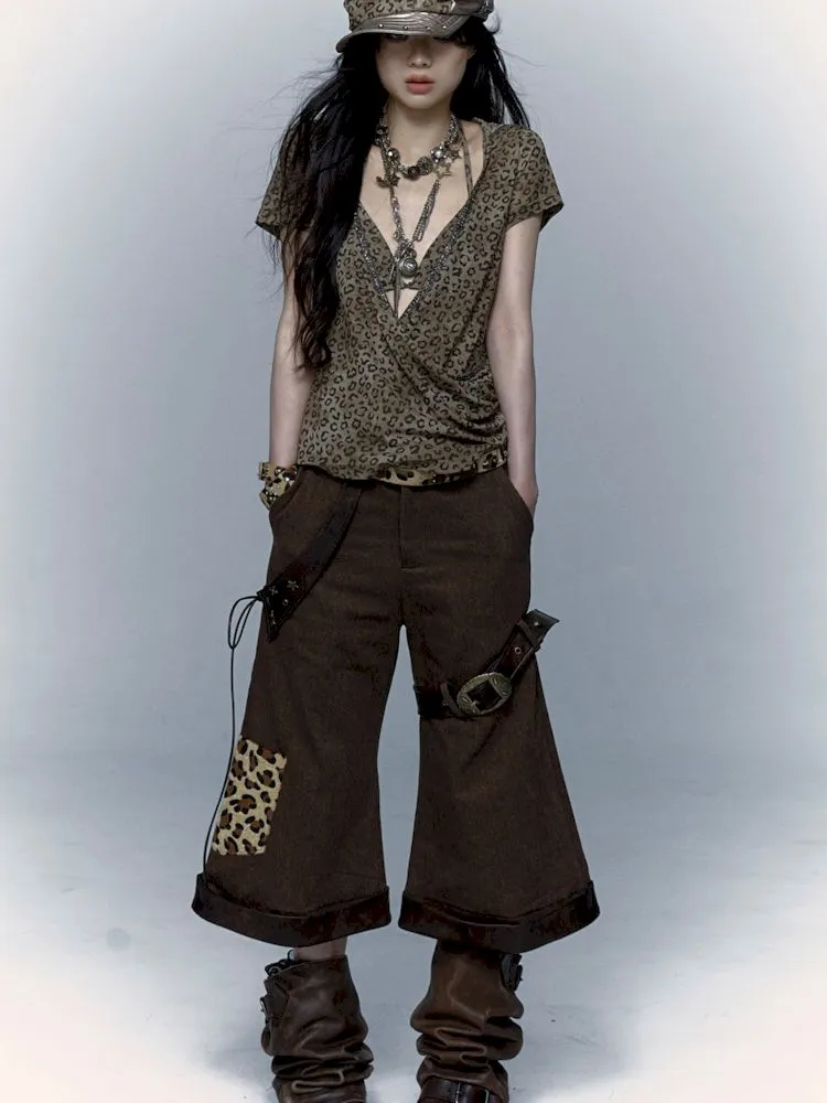 metallic leopard print hooded T-shirt