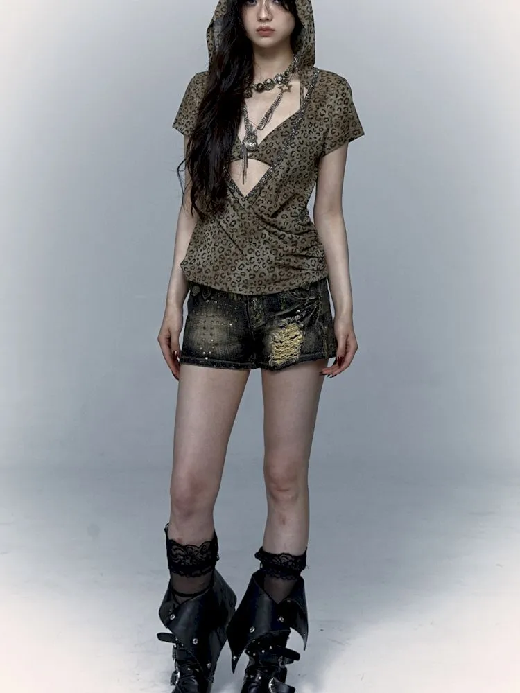 metallic leopard print hooded T-shirt