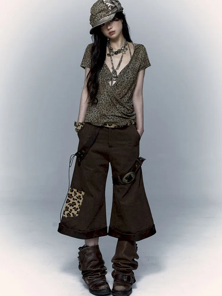 metallic leopard print hooded T-shirt