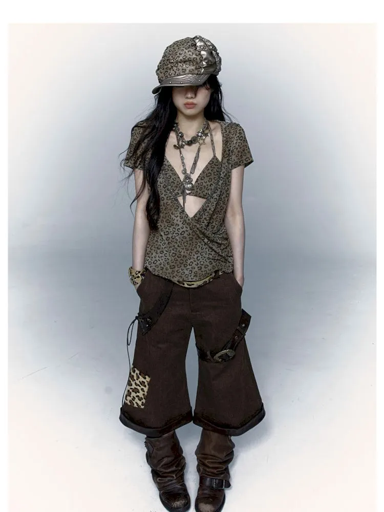 metallic leopard print hooded T-shirt