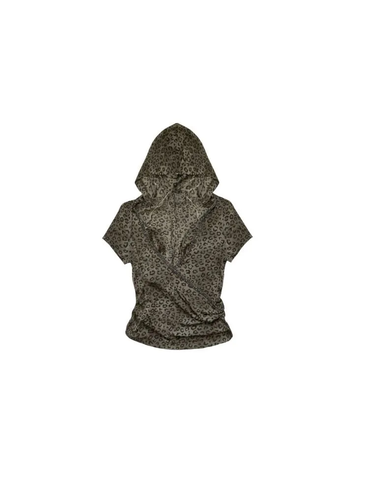 metallic leopard print hooded T-shirt