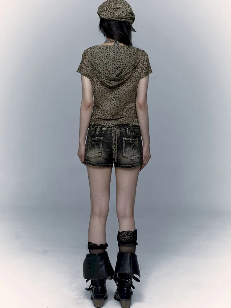 metallic leopard print hooded T-shirt