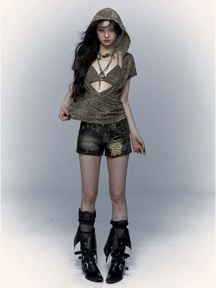 metallic leopard print hooded T-shirt