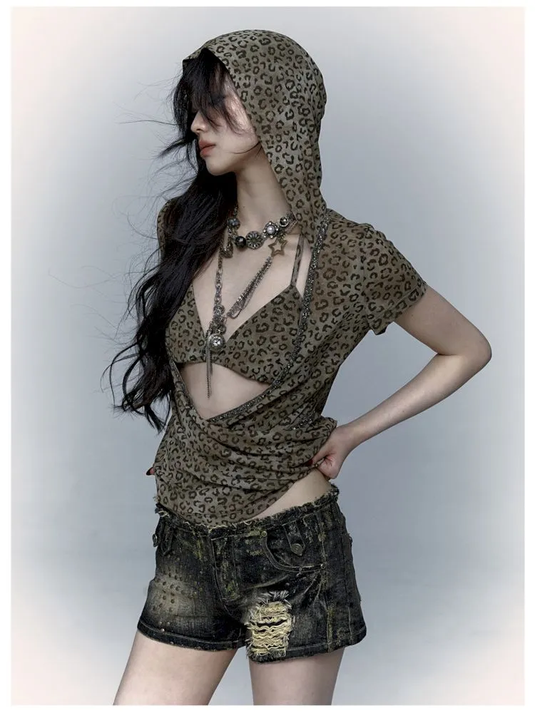 metallic leopard print hooded T-shirt