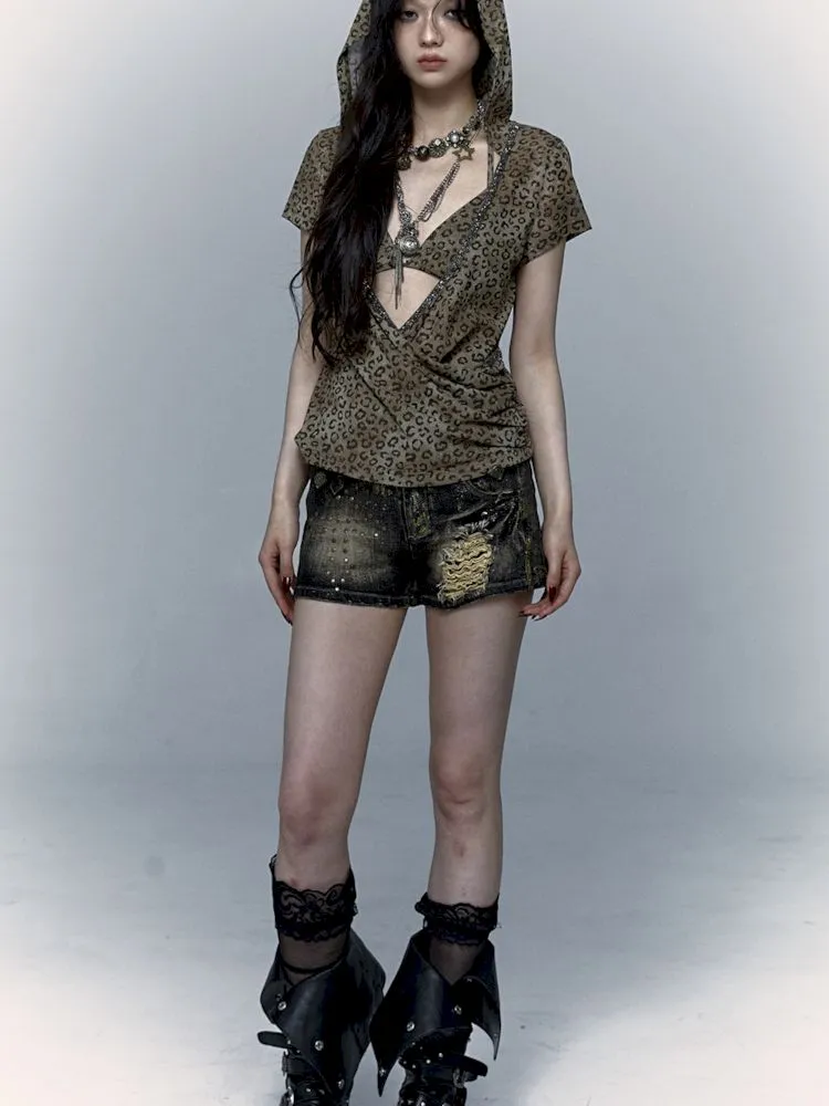 metallic leopard print hooded T-shirt