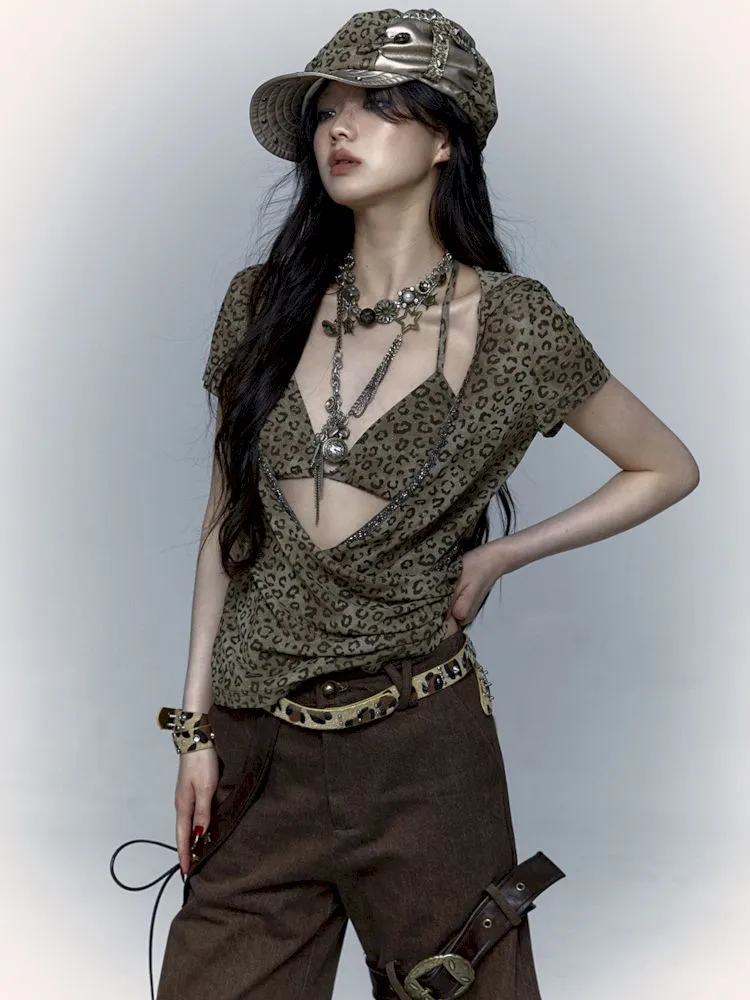 metallic leopard print hooded T-shirt