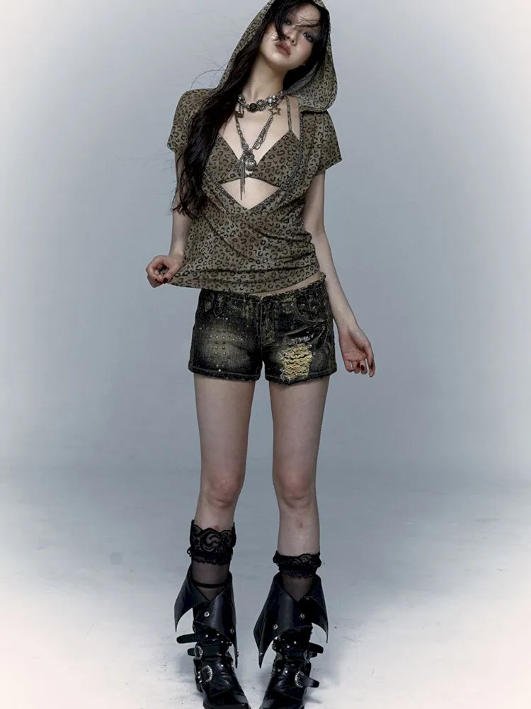 metallic leopard print hooded T-shirt
