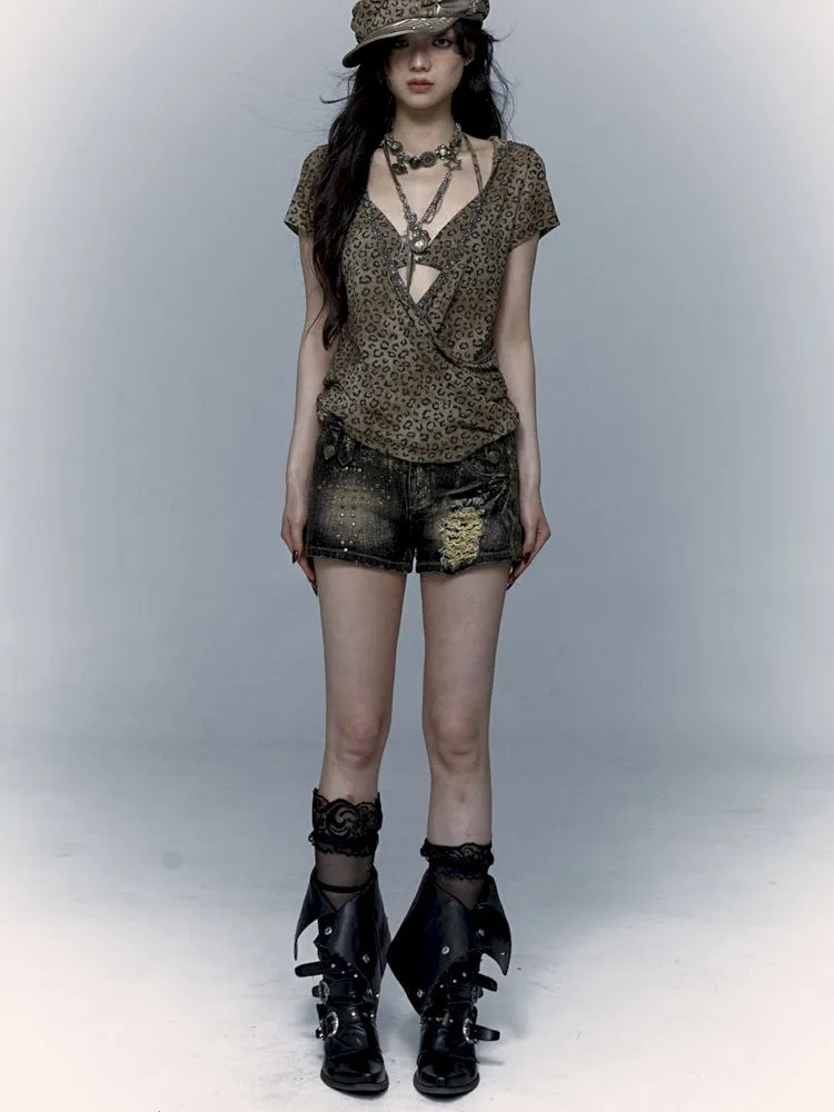 metallic leopard print hooded T-shirt
