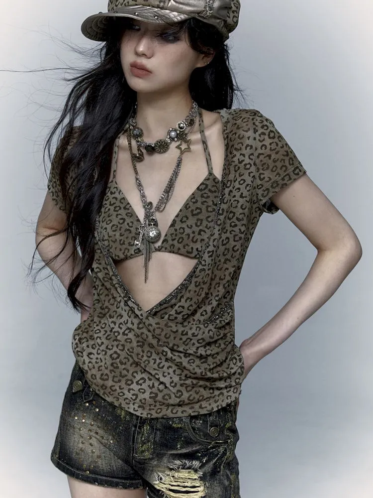 metallic leopard print hooded T-shirt