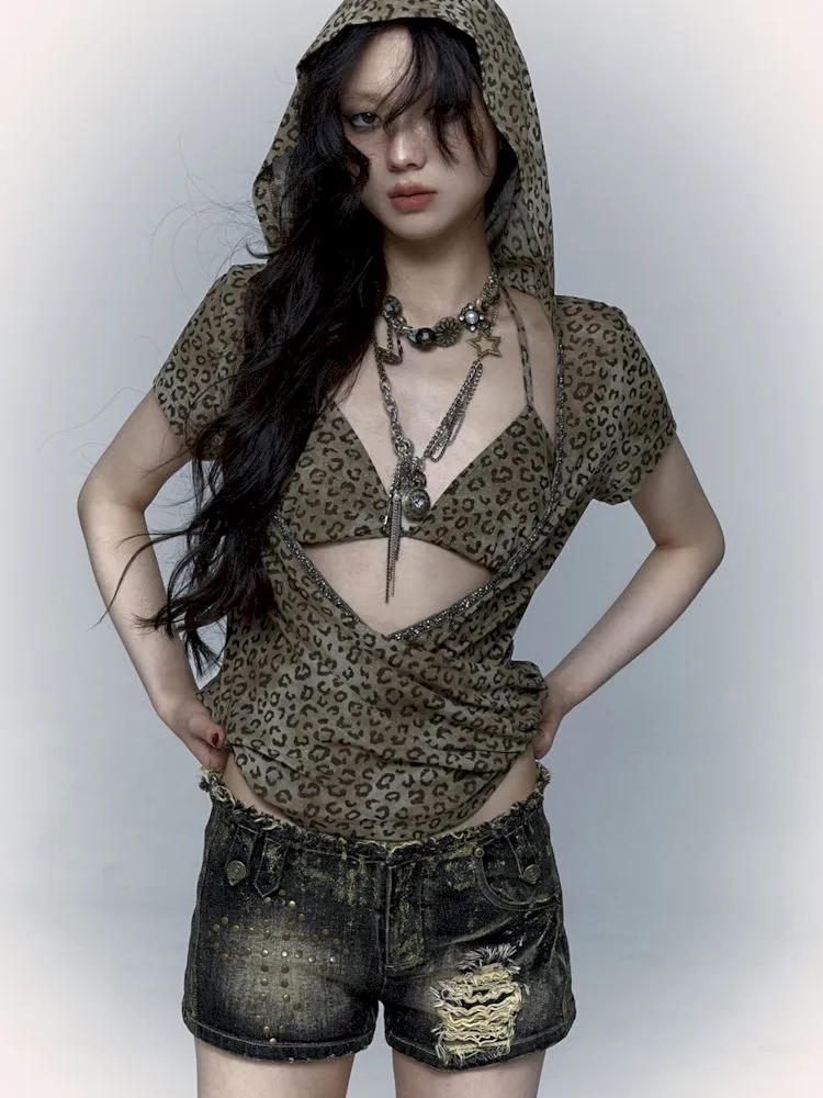 metallic leopard print hooded T-shirt