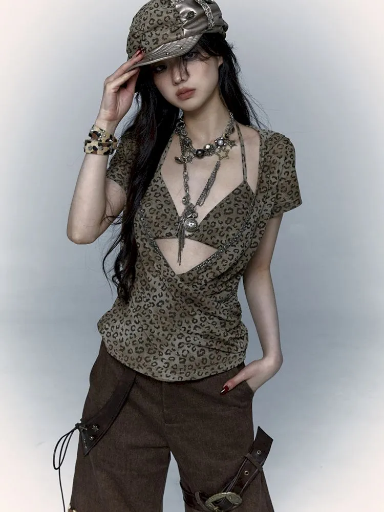 metallic leopard print hooded T-shirt