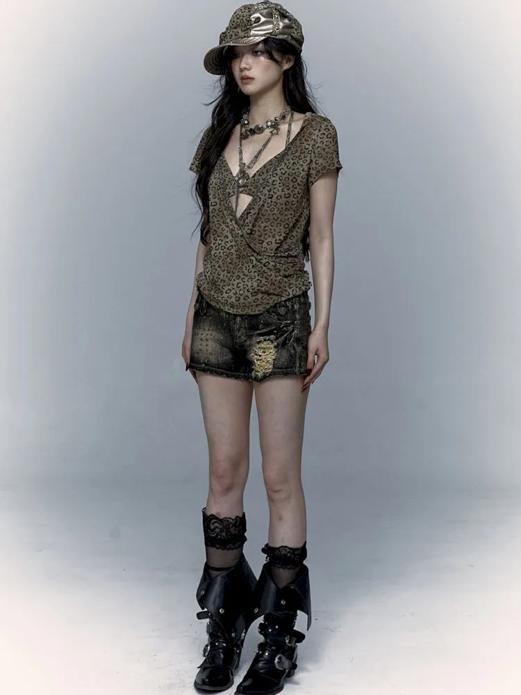 metallic leopard print hooded T-shirt